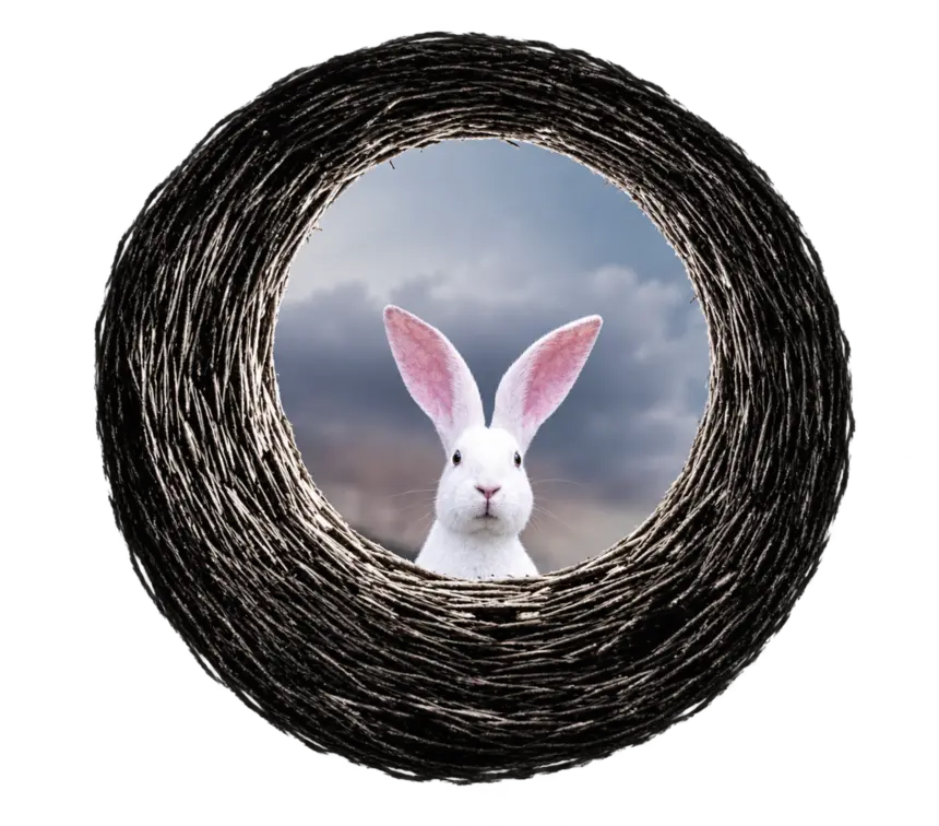 A white rabbit looking out from a dark circular rabbit hole